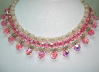 £104.00 - 50s 3 Row AB Pink Glass Bead Drop Necklace Ster Silver Diamante Clasp!