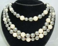 1950s Style 3 Row Faux Pearl & Silver Bead Necklace 