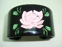 1950s Style Wide Black Pink Rose Reverse Carved Lucite Cuff Bangle Fab
