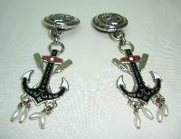 1980s Nautical Anchor Enamel Silver Clip On Earrings 