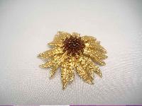 Vintage 60s Signed Sarah Cov Fabulous Gold Amber Glass Flower Brooch 