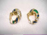 Vintage 80s Quality Blue Green Enamel Diamante Gold Clip on Earrings