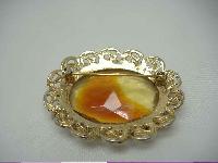 Vintage 1950s Huge Domed Amber Glass Diamante Gold Brooch