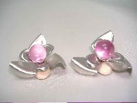 1980s Large Silver & Pink Lucite Flower Clip Earrings