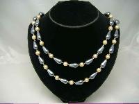 1950s Long 2 Row Grey & Cream Faux Pearl Bead Necklace