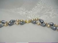 1950s Long 2 Row Grey & Cream Faux Pearl Bead Necklace